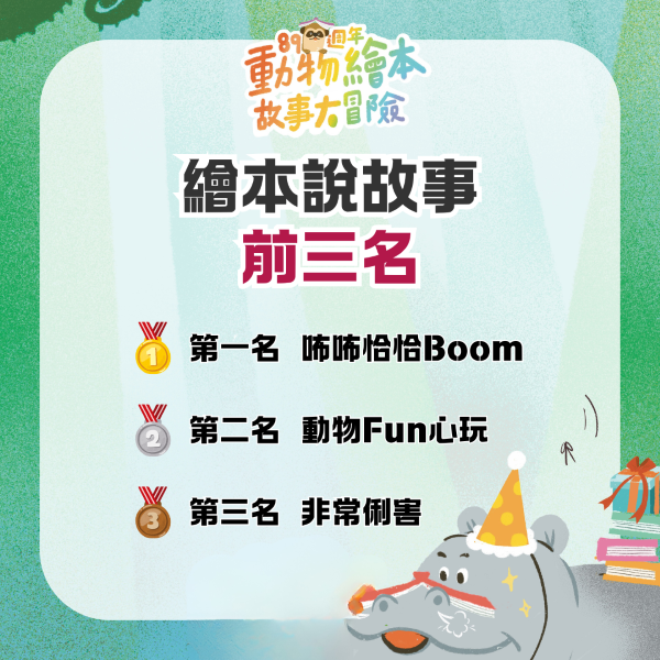 【89週年動物繪本故事大冒險】說故事比賽前三名